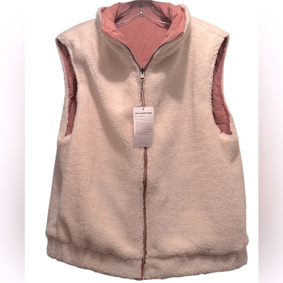 NWT Women's Reversible Sleeveless Vests Lamb Fleece Zipper Closure Size M Pink - Picture 11 of 11